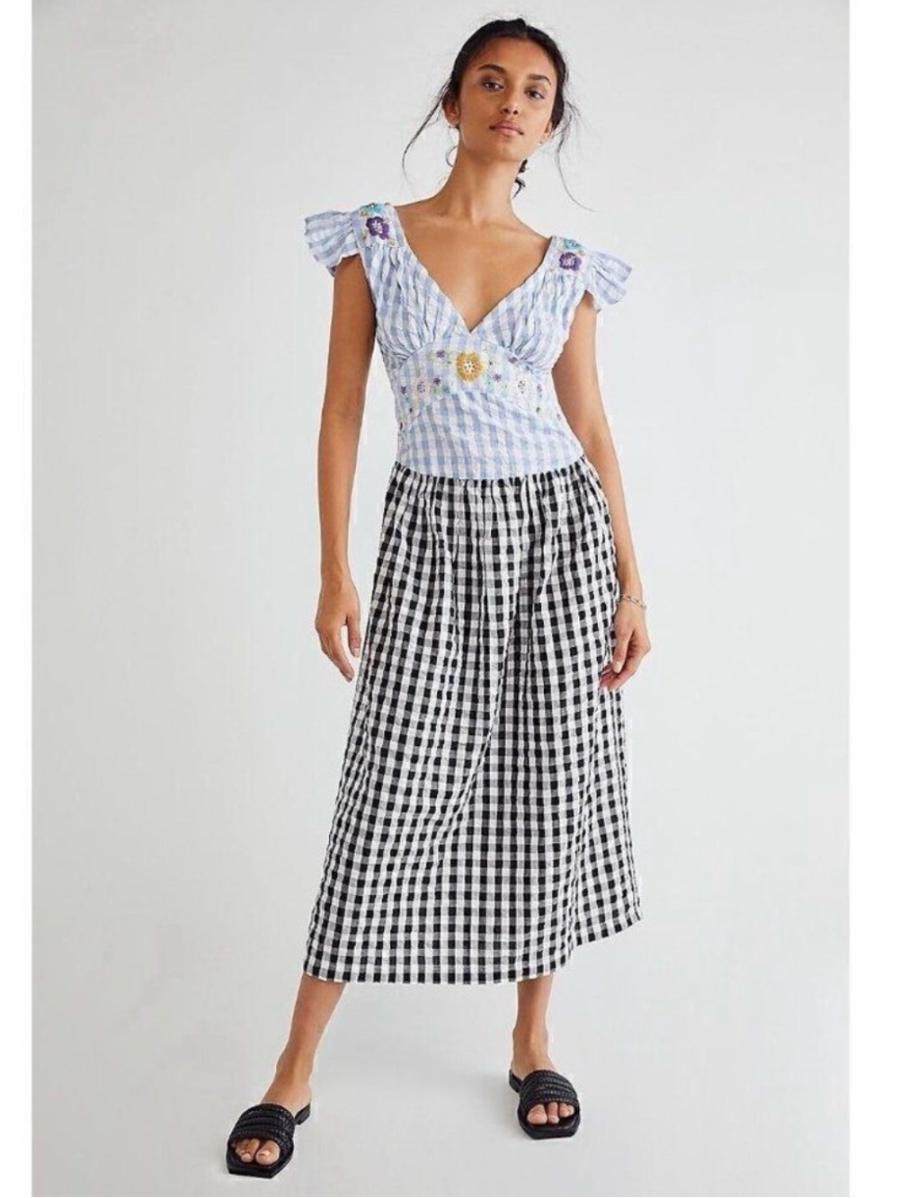 Tach Ilena Cloqué Gingham Embroidered Milkmaid Boho Cottagecore Dress L - Picture 4 of 16